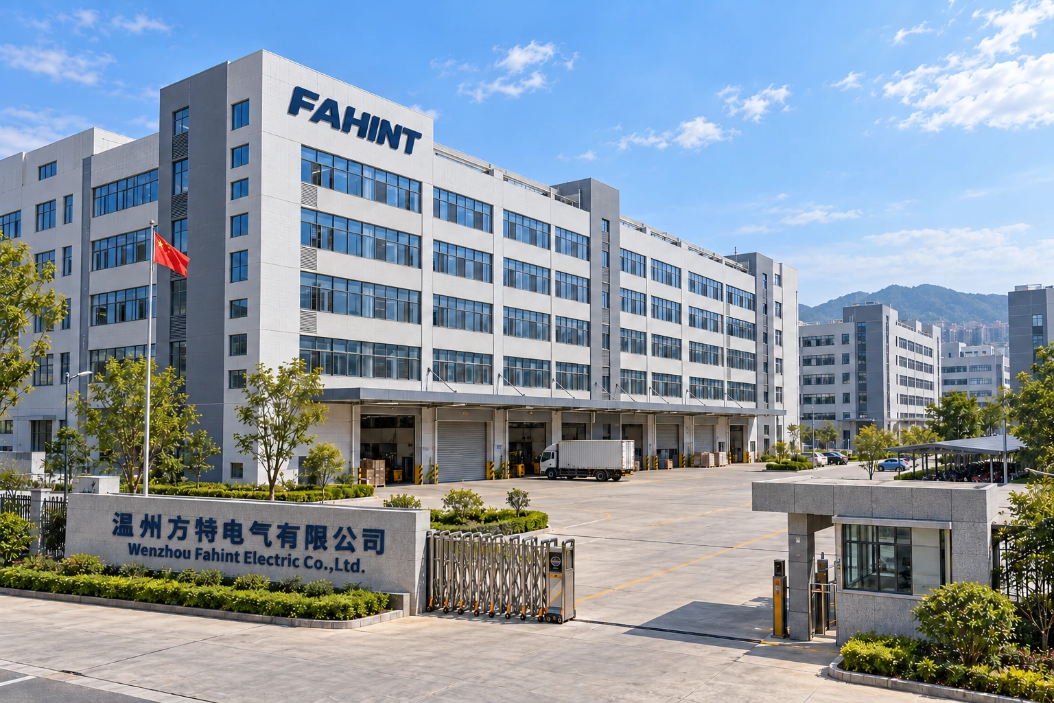 Factory exterior brand concept with FAHINT signage and the bilingual name of Wenzhou Fahint Electric Co.,Ltd.