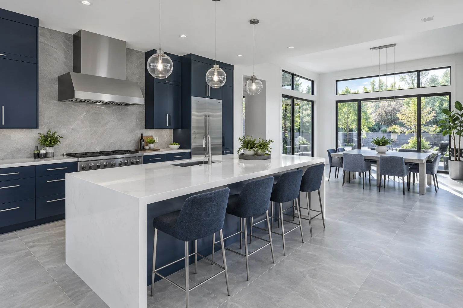 A bright residential kitchen and dining area with navy cabinetry.