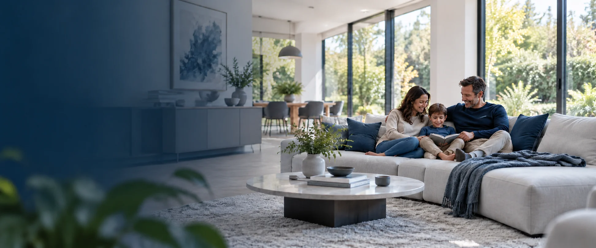 A family reading together in a bright contemporary home.