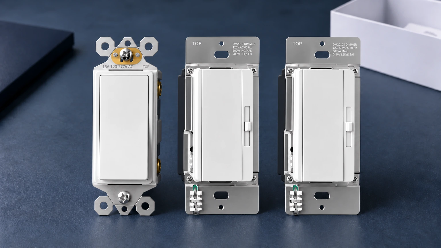 White FAHINT DS15 paddle switch, DM2010 digital slide dimmer and DM2010S 0-10V dimmer displayed on a dark blue tabletop.