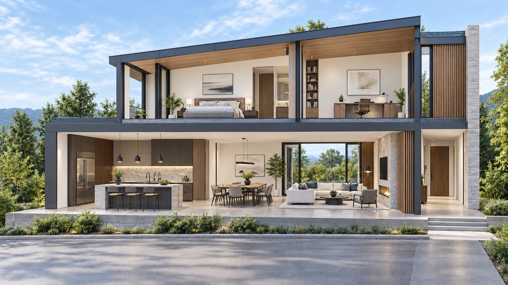 Cutaway North American home showing a kitchen, bedroom, living area and entry
