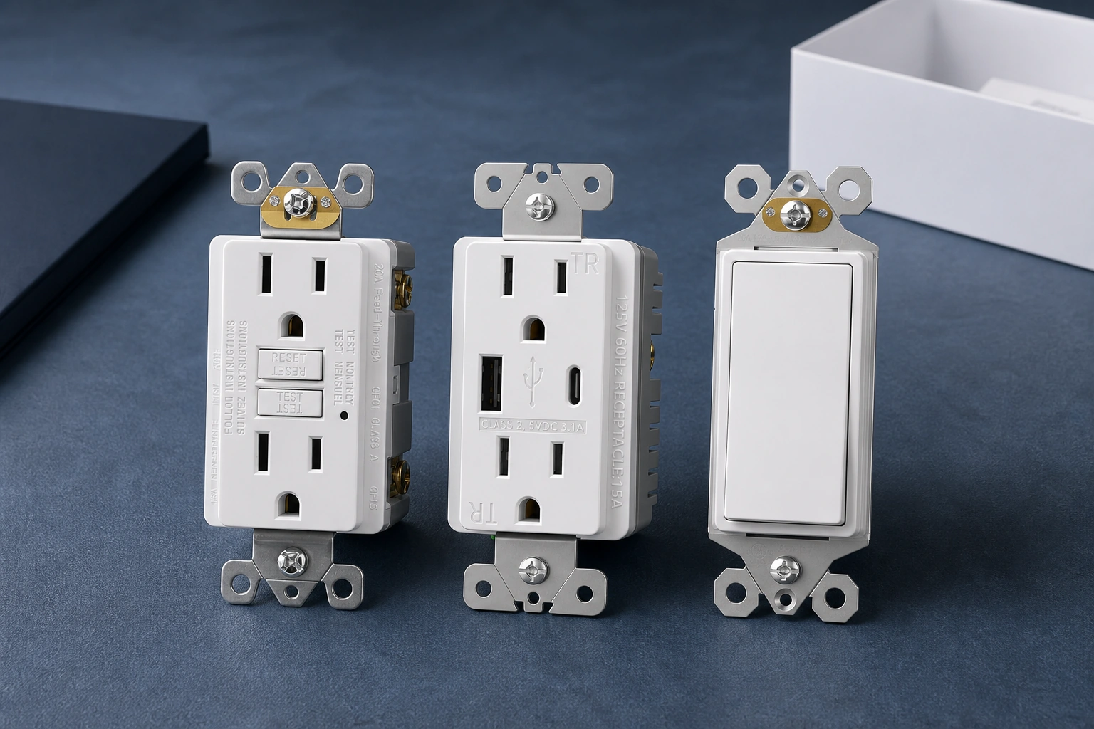 FAHINT GF15 GFCI, FTR15C-3100 USB outlet and DS15 paddle switch in a sample-packaging concept